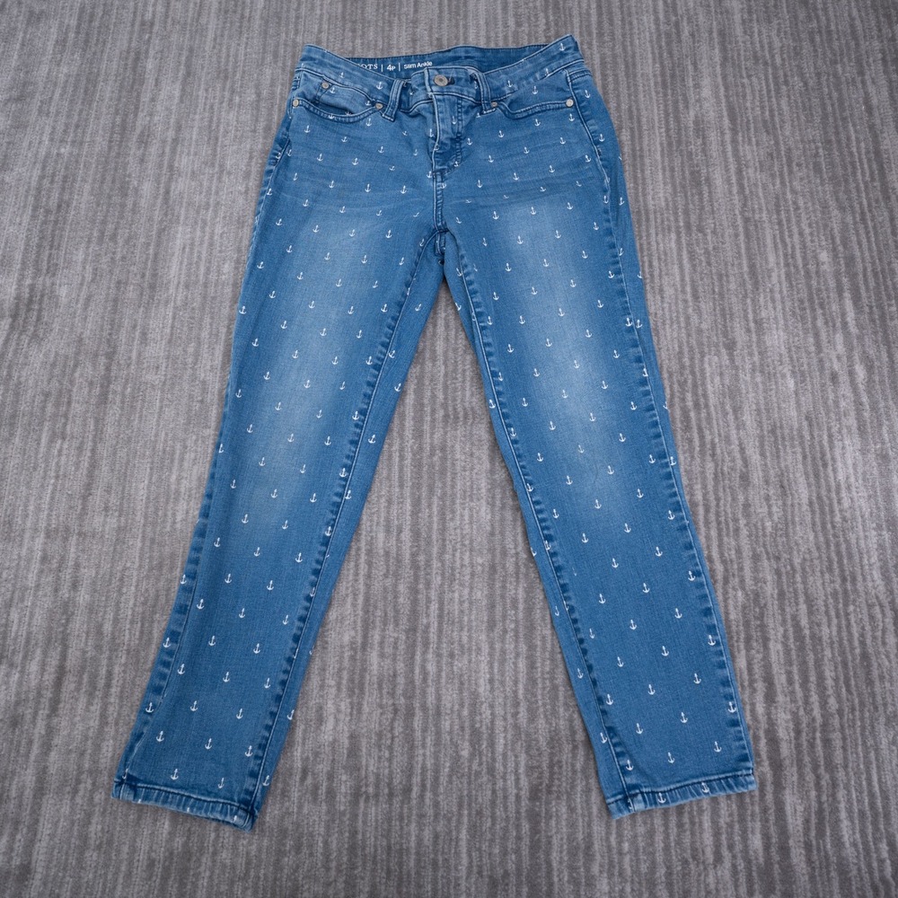 Talbots Flawless Slim Ankle Jeans 4P Blue Denim Anchor Print Nautical Womens